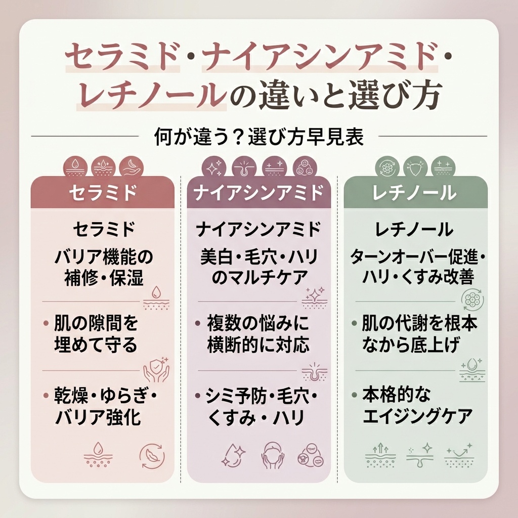 セラミド・ナイアシンアミド・レチノールの違いと選び方